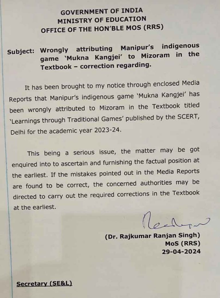 Correct wrong attribution of Manipur’s Mukna Kangjei in SCERT book: RRS minister Ranjan to SCERT