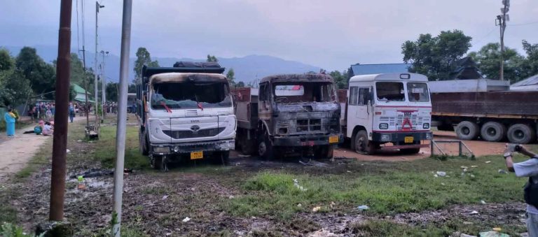 Construction materials loaded trucks burnt down in Manipur