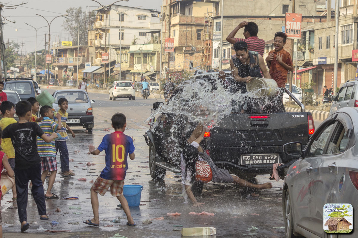 Kids and adults playing water during Yaoshang (Holi) festival in Manipur